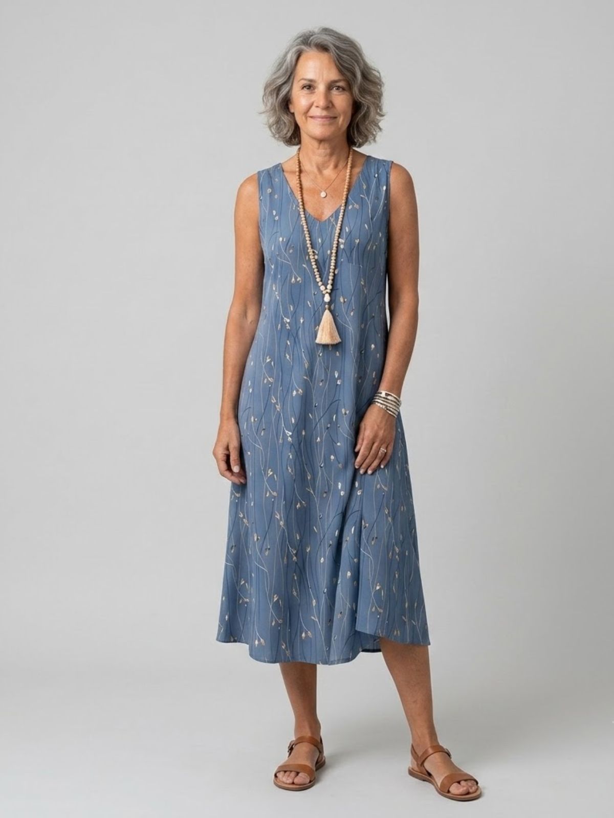 Celina | Refined Botanical V-Neck Midi Dress