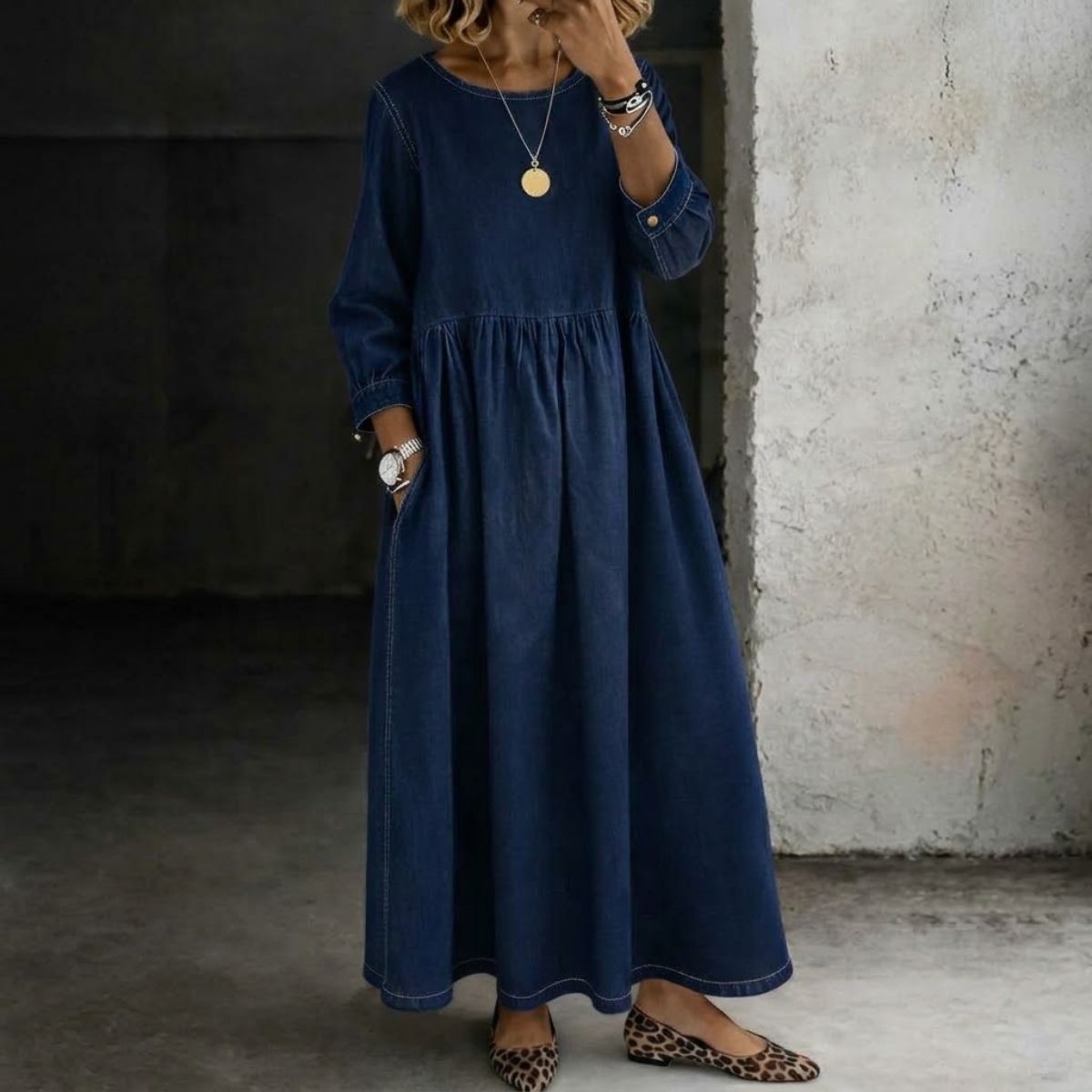 Hazel | Vintage Denim-Look Maxi Dress
