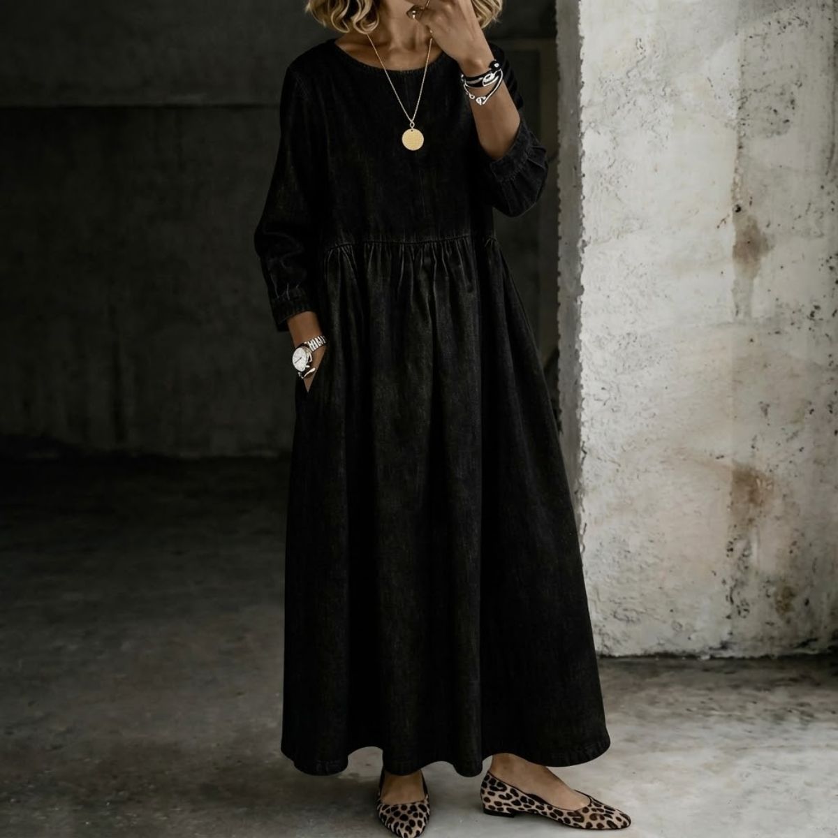 Hazel | Vintage Denim-Look Maxi Dress